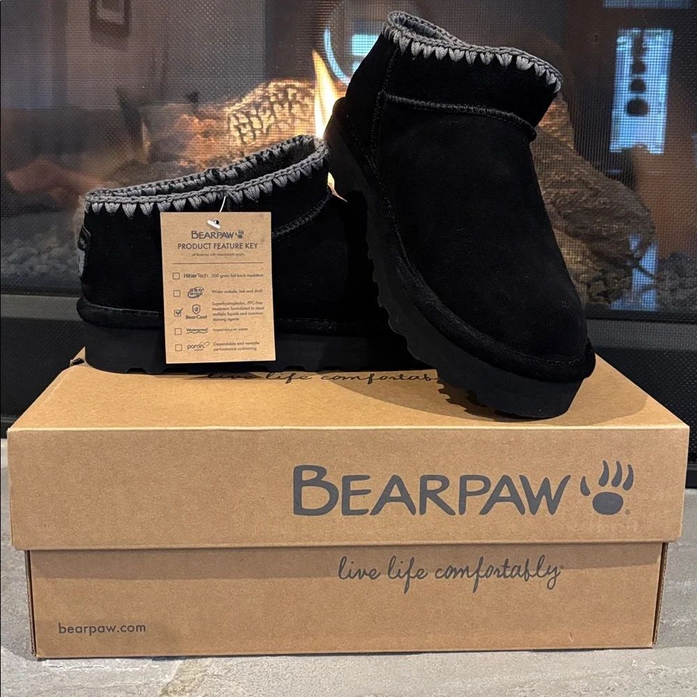 BEARPAW Lana Crochet Detail Cow Suede Ankle Bootie,wool blend lining,pad insole - Picture 1 of 10